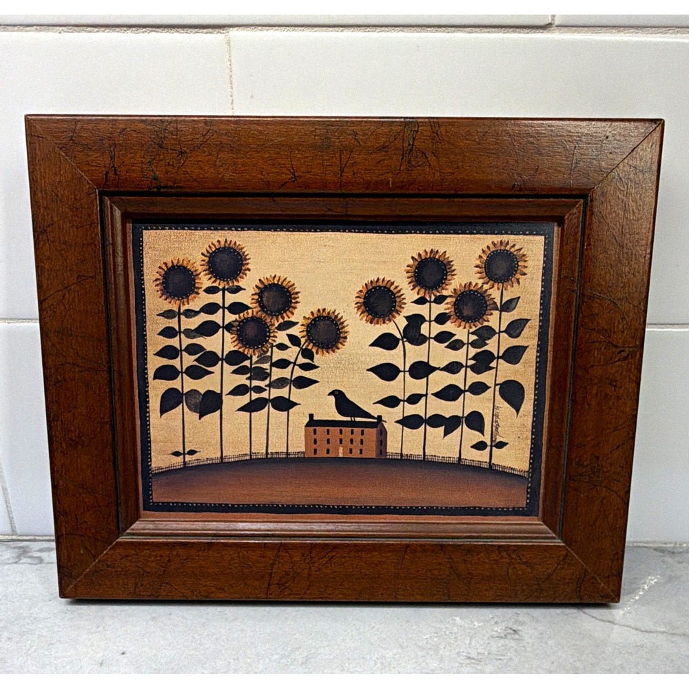 Mary Beth Baxter Folk Art Framed Print Vtg Sunflowers Bird House 8x10 Landscape